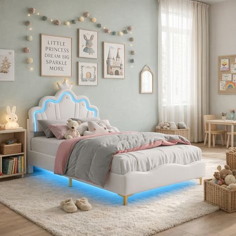 Lit Enfant Rembourré 90x200 cm avec LED, Lit Simple avec Tête de Beds Réglable en Hauteur Princesse Couronne, Lit Fille avec Sommier à Lattes, pour Adolescent, Cadre de lit 1 personne, PU, Blanc