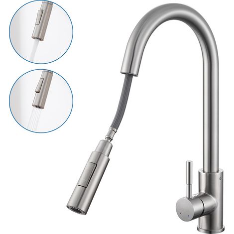 Lonheo Grifo de Cocina con ducha extraíble 50cm, Giratorio 360° Grifo de Fregadero de Acero inoxidable, Monomando Cocina con aireador desmontable, con Alto caño 210mm (1/5)