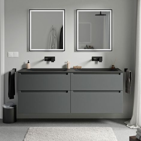Unterschrank Bernstein VIREO 160cm mit Mineralguss Waschbecken CREAM Badmöbel: Anthrazit matt, Waschbecken: Schwarz matt ohne Hahnloch