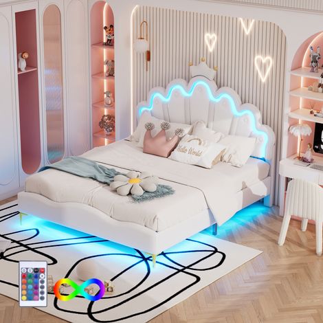 Lit Double 140 x 200 cm avec LED Réglable et Tête de Lit Réglable, sans Matelas, en PU Blanc