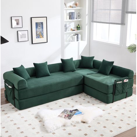 Sofá modular 270/180/64 cm de pana verde esmeralda con bolsillo lateral (1/5)