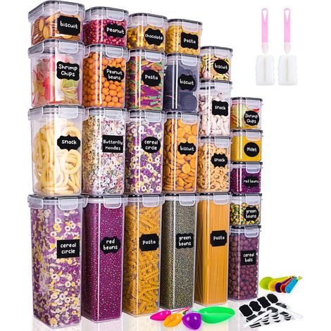 Set mit 25 Vorratsgläsern (9 x 0,8 l + 6 x 1,4 l + 5 x 2 l + 5 x 2,8 l) Luftdichter Aufbewahrungsbehälter mit Deckel, Aufbewahrungsbox, Küchenorganizer, Kunststoff-Lebensmittelbehälter für Spaghetti, (1/5)