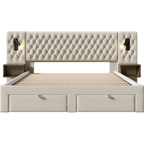Lit double 160x200 cm beige en velours avec 2 chevets, 4 tiroirs, lampes et USB (1/5)