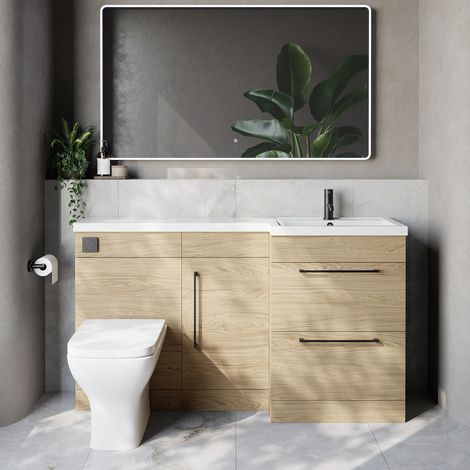 Napoli 390 Light Oak 1500mm 2 Drawer Vanity Unit Toilet Suite with Right Hand Square Lucia Basin - 1500mm - Matt Black 320mm HandleWith Kingston Toilet Pan and Seat