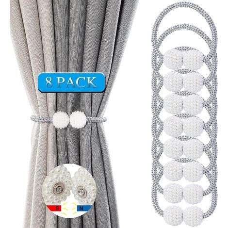 Set of 8 Magnetic Curtain Tiebacks with Rope and Magnetic Ball for Home, Office, and Hotel Decoration (Silver Grey) (1/5)