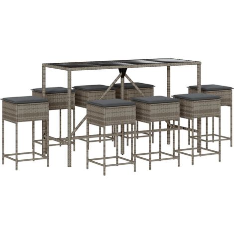 Ensemble de bar de jardin 9 pcs Mobilier de jardin avec coussins gris poly rotin (1/5)