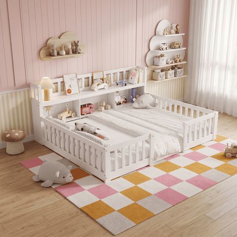 140 x 200 cm Lit double enfant, Lit au sol avec barrière de sécurité, lit Montessori en Bois Massif, Grand cadre de lit, Blanc (1/5)