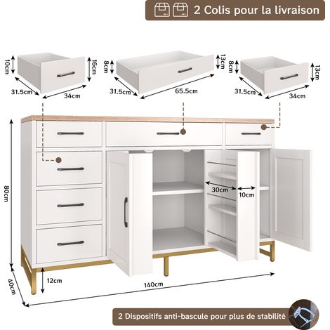 Buffet de Rangement Industriel Blanc – Meuble 140x40x80 cm avec 3 Portes, 6 Tiroirs et Étagères Réglables – Rangement Polyvalent pour Salon, Salle à Manger ou Bureau