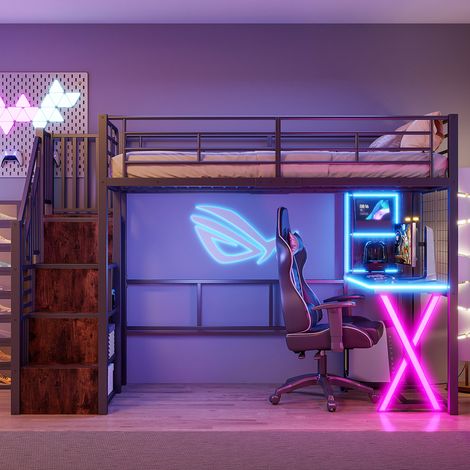 Lit mezzanine 90x200 avec bureau et led - métal et mdf - escalier rangement et penderie - étagères modulables - noir (1/5)