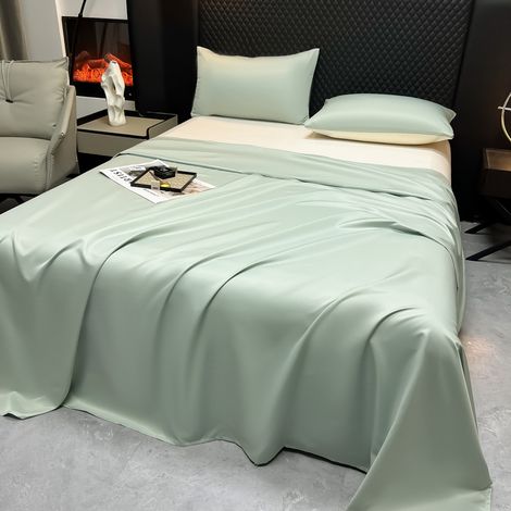 Drap Housse 230x230 cm, Housse de Couette en Soie Glacée Fraîcheur d'Été, Couleur Vert Eau, Style Luxe Minimaliste