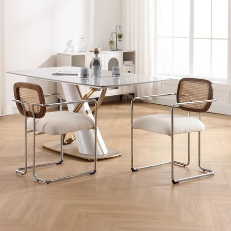 Wahson Juego de 2 Sillas de Comedor de Piel Sintética Tapizadas con Estructura de Metal para Cocina y Restaurante, Blanco