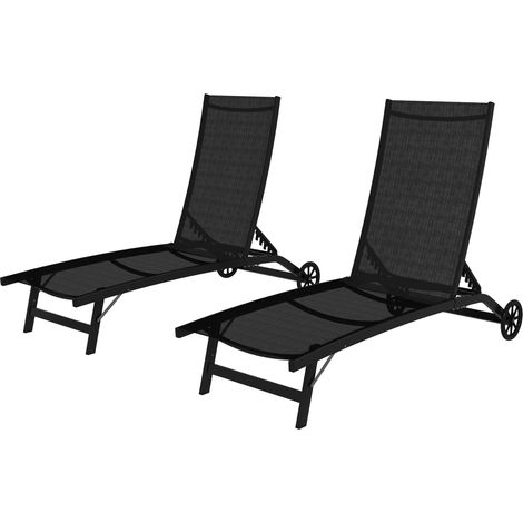 Set aus 2 schwarzen Sonnenliegen aus Aluminium und Textilene, mit Rollen, verstellbarer Rückenlehne, max. Belastbarkeit 150 kg