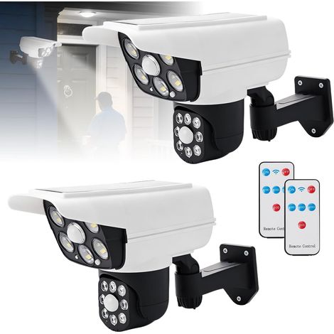 Lot de 2 caméras factices extérieures avec lumière, fausse caméra de surveillance solaire, rotative à 360°, avec télécommande, fausse caméra de sécurité pour extérieur (1/5)
