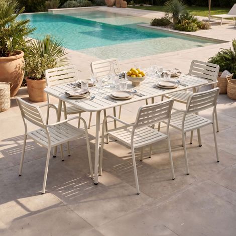 Table de jardin + 6 fauteuils empilables en métal beige - BACA (1/4)