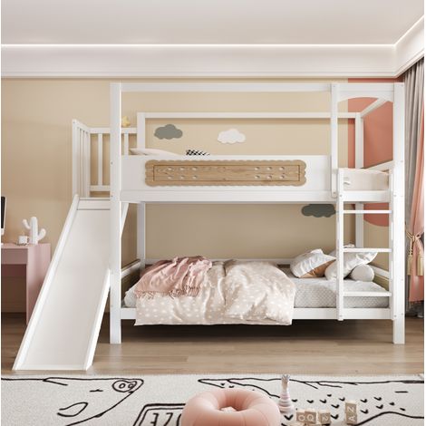 Litera infantil 90 x 200 cm con tobogán, escalera ancha y estructura de casa, madera (1/5)