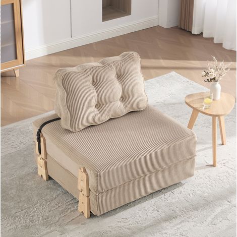 Fauteuil convertible 1 place en velours côtelé, lit pliant 90x170 cm, pieds en bois, kaki (1/5)