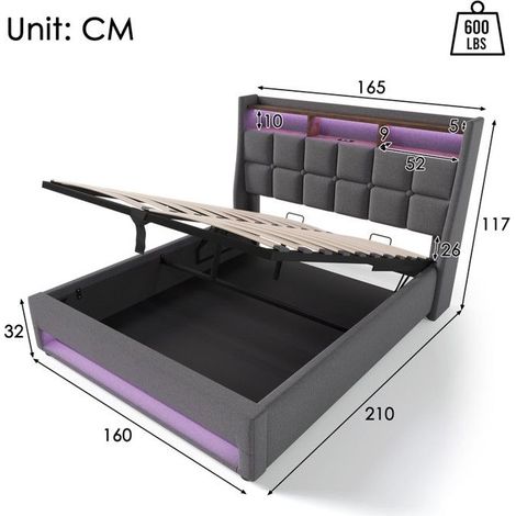 Lit double 160x200 cm - Cadre de lit coffre - Éclairage LED - Port USB - Design vintage moderne (1/5)