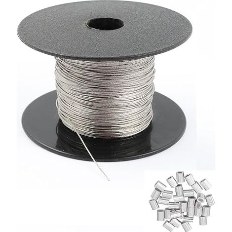 Câble en acier inoxydable 304 - 100 m - 0,5 mm - Avec 30 manchons à sertir - Pour cadres photo et miroirs (1/5)