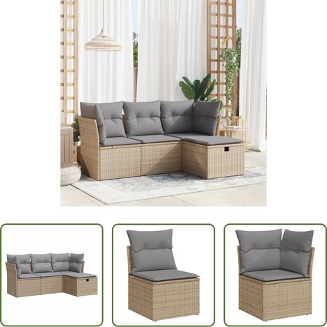 vidaXL Rattan - 4-tlg. Garten-Sofagarnitur mit Kissen Beige Poly Rattan (1/5)