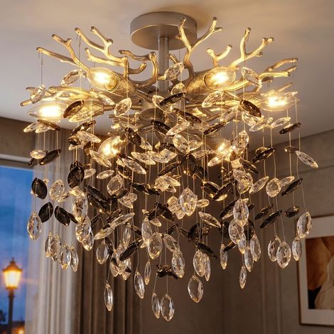 Plafonnier LED, lampe de salon, cristaux de verre, couleur fumée, D 50 cm (1/5)