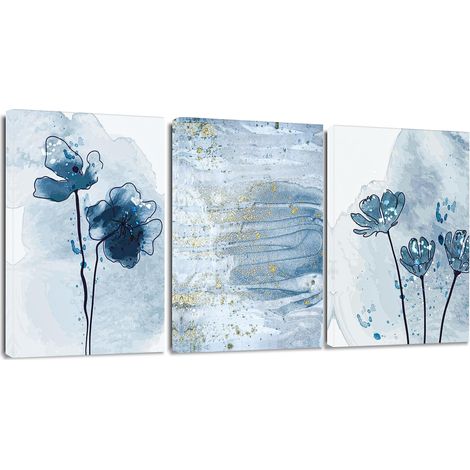 Lot of 3 Impression sur Toile - Bleu or Aquarelle Fleurs Mur Art Toile Peinture Image Tableau Décoration Murale pour Chambre Peintures à l'huile pour Maison Bain Salon Chambre 30x40cm (1/5)