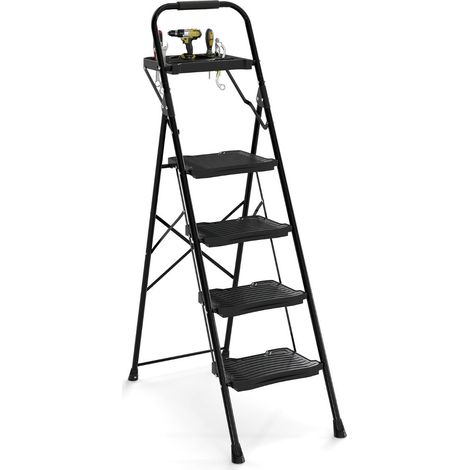 Escalera de tijera de 4 peldaños 88 x 45 x 148 cm segura con bandeja metálica plegable para herramientas negra 200017362