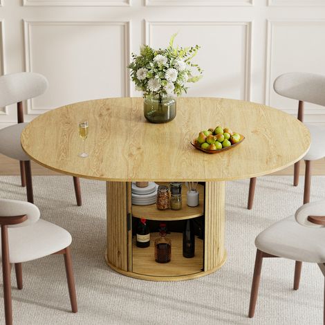 Table extensible 6 places en bois avec rangement intégré, plateau rabattable et pied design,Naturel clair (1/5)