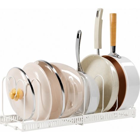 Étagère de rangement extensible pour casseroles, blanc ivoire, 7 boucles, réglable, organisateur de cuisine de comptoir pour bols et assiettes (1/5)