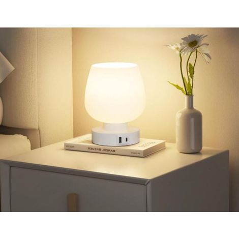 Lampe de chevet tactile ACKERMAN avec ports de charge USB-A+C, intensité variable 3 niveaux, abat-jour en verre blanc, petite lampe de table à cordon pour chambre, salon ou chambre d’enfant (1/5)
