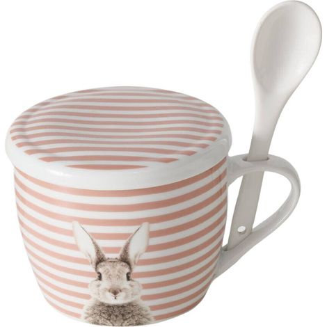 Tasse mit Deckel und Löffel FLUFFY, aus Porzellan, Häschen, 600 ml