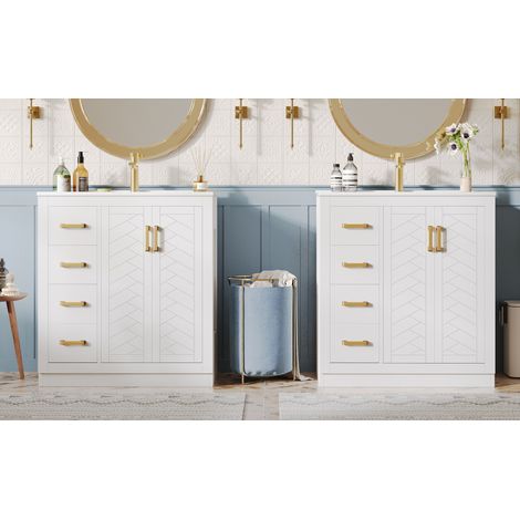 Meuble vasque salle de bain 3 tiroirs + étagère latérale, rangement optimal, fermeture douce, céramique, 76,5 × 46,5 × 84,5 cm, blanc (1/4)