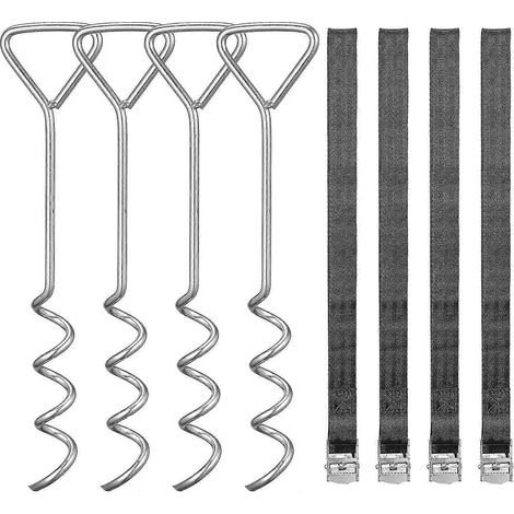 Kit d'ancrage pour trampoline, ensemble de 4 piquets galvanisés robustes, avec sangle à cliquet réglable et boucle métallique, longueur env. 40 cm (1/4)