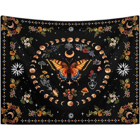 Tapisserie murale à motif de papillon, de lune et de fleur orange, style botanique, floral, bohème, pour chambre à coucher, tapisserie esthétique vintage, pour salon, dortoir (95 x 75 cm) (1/3)