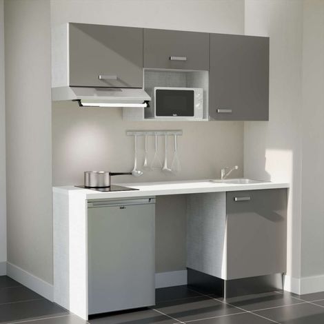 Kitchenette K55L-PT - 180 cm - plan stratifié, évier inox, - Façade Gris - Plan Blanc - Crédences Non + Electroménager inclus coloris Inox