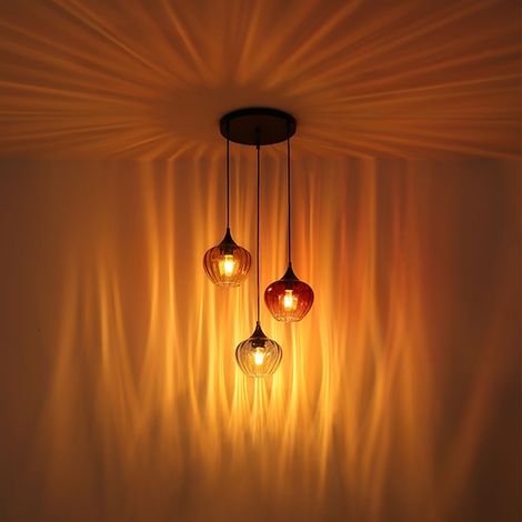 LED Hängelampe 3 flammig Esszimmerleuchte Pendellampe Retro Glas Wohnzimmerlampe, Rot Amber Blau, 3x 7W 806Lm warmweiß, DxH 45 x 150 cm