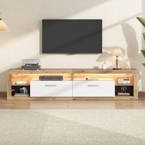 Meuble TV lowboard 180x35,5x50cm aggloméré blanc bois naturel LED pilotable app 2 tiroirs 4 niches charge 30kg TV 75 pouces salon (1/5)