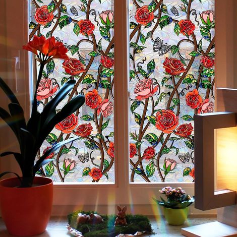 Film Vitre Effet Arc en Ciel Roses Plantes Autocollant Fenêtre Film Électrostatique Vitre Décoratif Anti Collision pour Fenêtre Maison Verre Porte Décoration,45x100cm (1/5)