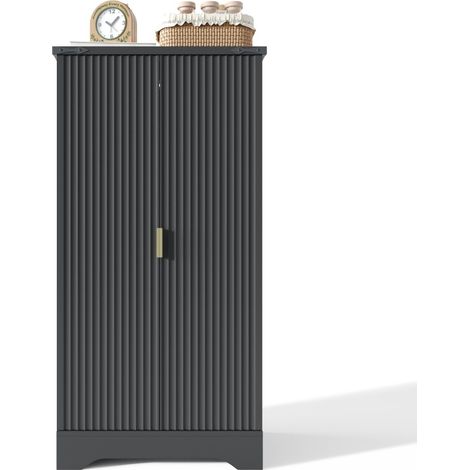 Armoire de cuisine haute noire MDF 120×60,5×40 cm deux portes rainurées poignées dorées, éclairage LED capteur à ouverture, étagères modulables et rangement à épices pour cuisine salle à manger salon (1/5)