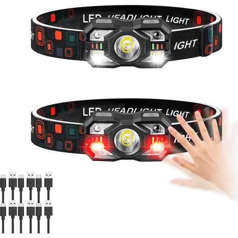 Wiederaufladbare Stirnlampe, 2er-Pack, 3000 Lumen, ultrahelle Stirnlampe mit weißem und rotem Licht, Bewegungssensor, 5+5 Modi für Camping, Angeln