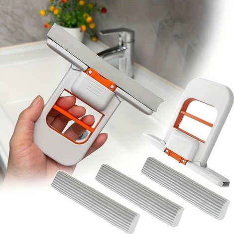 Kleiner, faltbarer Tischmopp, tragbarer Schwammmopp für die gründliche Reinigung, ideal für Küche, Bad, Glasflächen und Arbeitsplatten. Mit selbstauspressendem Griff und 2 austauschbaren Blättern. Umw