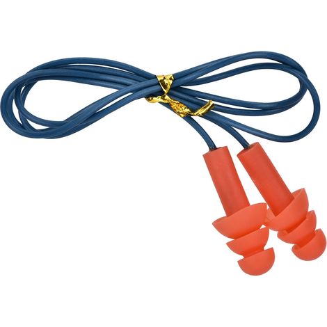 Ortviai Bouchons d’oreilles anti-bruit en silicone avec cordon – détectables par métaux, NRR 25 dB, réutilisables, bleu/rouge
