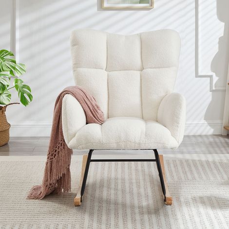 Fauteuil à bascule 69×89×101 cm cadre métallique et base bois. Style scandinave polyvalent pour salon,chambre,bureau et balcon.