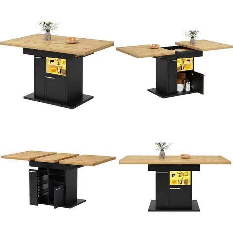 Table à manger extensible 110-140×80×77.2cm,Avec LED coloré et Rangement -placard + 3 étagères verre,4-6 personnes,Noir (1/5)