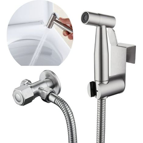 Pulvérisateur de douchette WC en acier inoxydable premium, kit complet de bidet avec pommeau, flexible et support mural, pour toilettes modernes, finition argentée, robuste et durable (1/5)