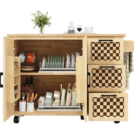 Îlot de cuisine / buffet 120x45(75)x92 cm,chariot extensible sur roulettes avec porte-serviettes,étagère de porte,2 portes et 3 tiroirs,motif damier effet bois