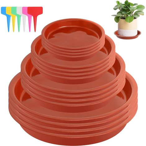 16-teiliges Blumentopf-Untersetzer-Set, Kunststoff-Blumentopf-Untersetzer mit 18 Etiketten, runde Blumentopf-Untersetzer für Zimmer- und Gartenpflanzen (Rot)