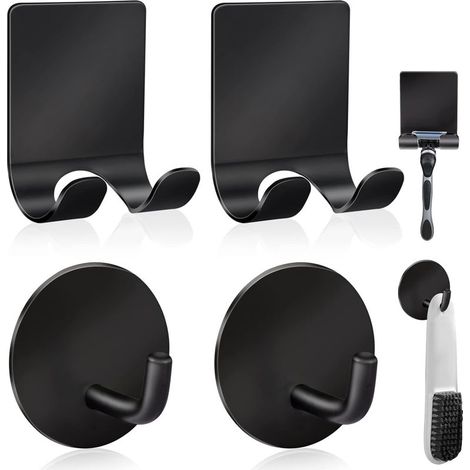 Porte-rasoir en acier inoxydable pour douche + crochets muraux adhésifs, résistants et étanches, de qualité supérieure, pour suspendre serviettes, manteaux et chapeaux (lot de 2 + 2) - Noir