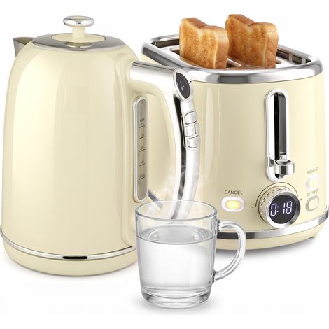 Set Petit-Déjeuner Rétro Crème : Bouilloire 1,7L 2200W avec Affichage LED et Maintien au Chaud + Grille-Pain 2 Fentes à 6 Niveaux (1/5)