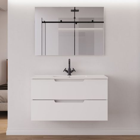 Meuble de salle de bain 90cm simple vasque - 2 tiroirs - blanc mat - SONRIZA (1/5)