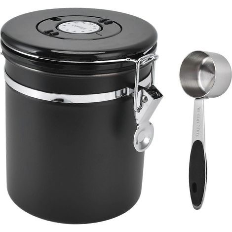Boîte de conservation hermétique pour café, bocal avec date, valve de décompression CO2, en acier inoxydable noir. (1/5)